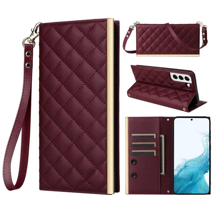 

For Samsung Galaxy S22 5G Crossbody Rhombic Sucker Leather Phone Case(Claret)