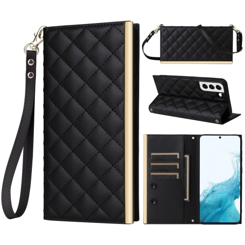 

For Samsung Galaxy S22 5G Crossbody Rhombic Sucker Leather Phone Case(Black)