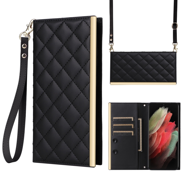 

For Samsung Galaxy S21 Ultra 5G Crossbody Rhombic Sucker Leather Phone Case(Black)