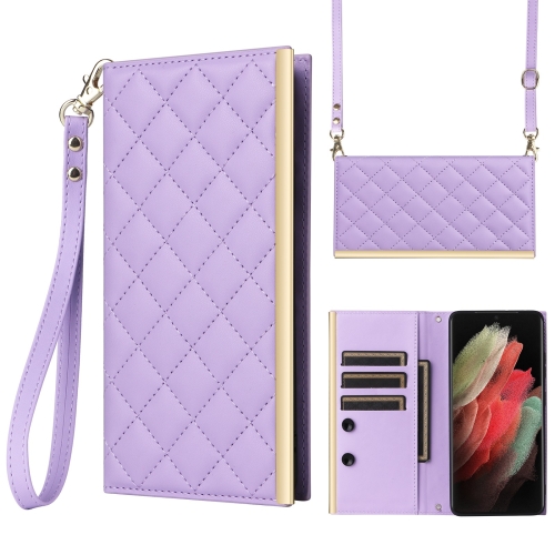 

For Samsung Galaxy S21 Ultra 5G Crossbody Rhombic Sucker Leather Phone Case(Purple)