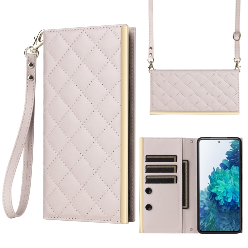 

For Samsung Galaxy S20 FE Crossbody Rhombic Sucker Leather Phone Case(White)