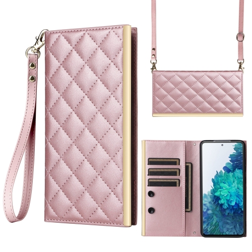 

For Samsung Galaxy S20 FE Crossbody Rhombic Sucker Leather Phone Case(Rose Gold)