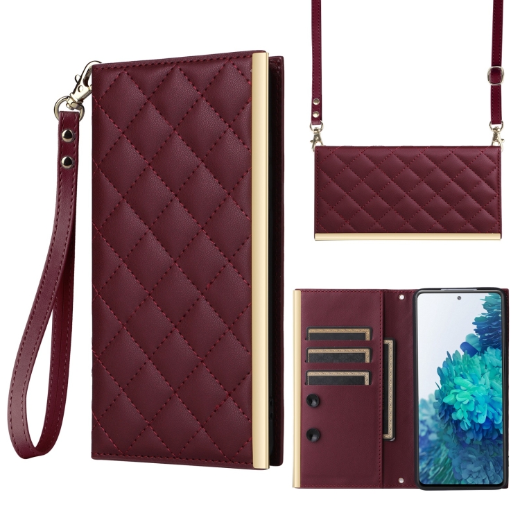 

For Samsung Galaxy S20 FE Crossbody Rhombic Sucker Leather Phone Case(Claret)