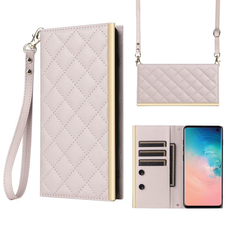 

For Samsung Galaxy S10 Crossbody Rhombic Sucker Leather Phone Case(White)