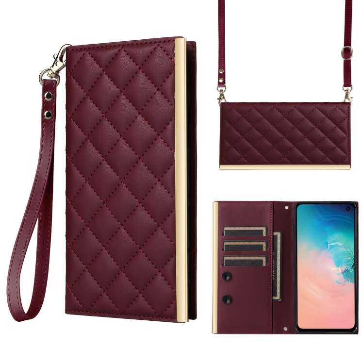 

For Samsung Galaxy S10e Crossbody Rhombic Sucker Leather Phone Case(Claret)