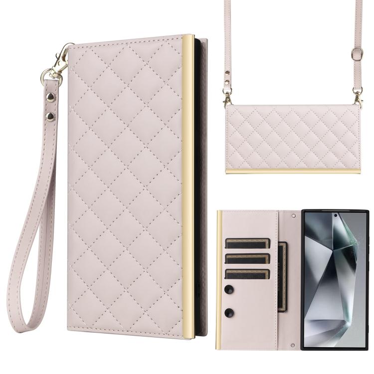 

For Samsung Galaxy S25 Ultra 5G Crossbody Rhombic Sucker Leather Phone Case(White)