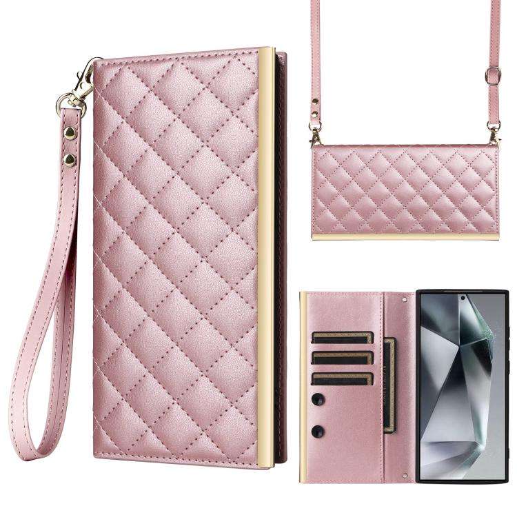 

For Samsung Galaxy S25 Ultra 5G Crossbody Rhombic Sucker Leather Phone Case(Rose Gold)