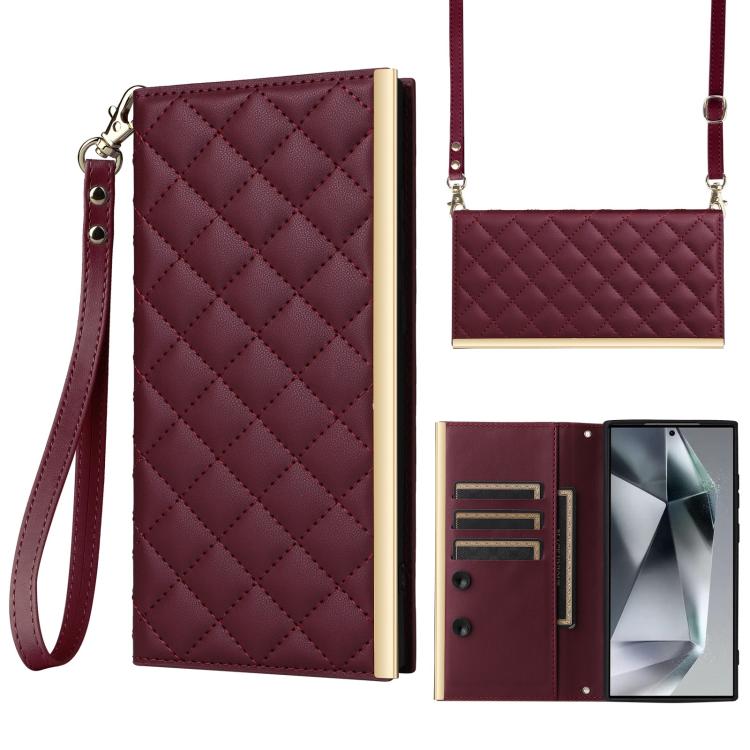 

For Samsung Galaxy S25 Ultra 5G Crossbody Rhombic Sucker Leather Phone Case(Claret)