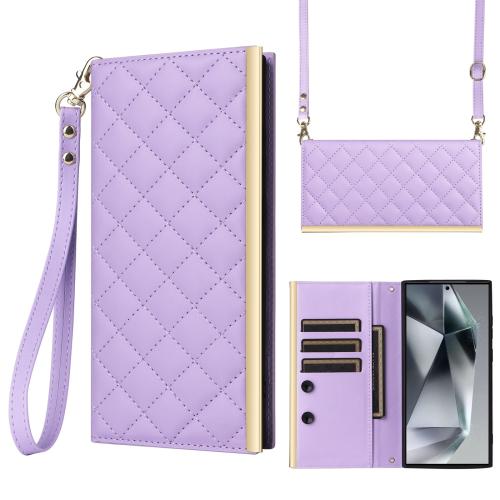 

For Samsung Galaxy S25 Ultra 5G Crossbody Rhombic Sucker Leather Phone Case(Purple)