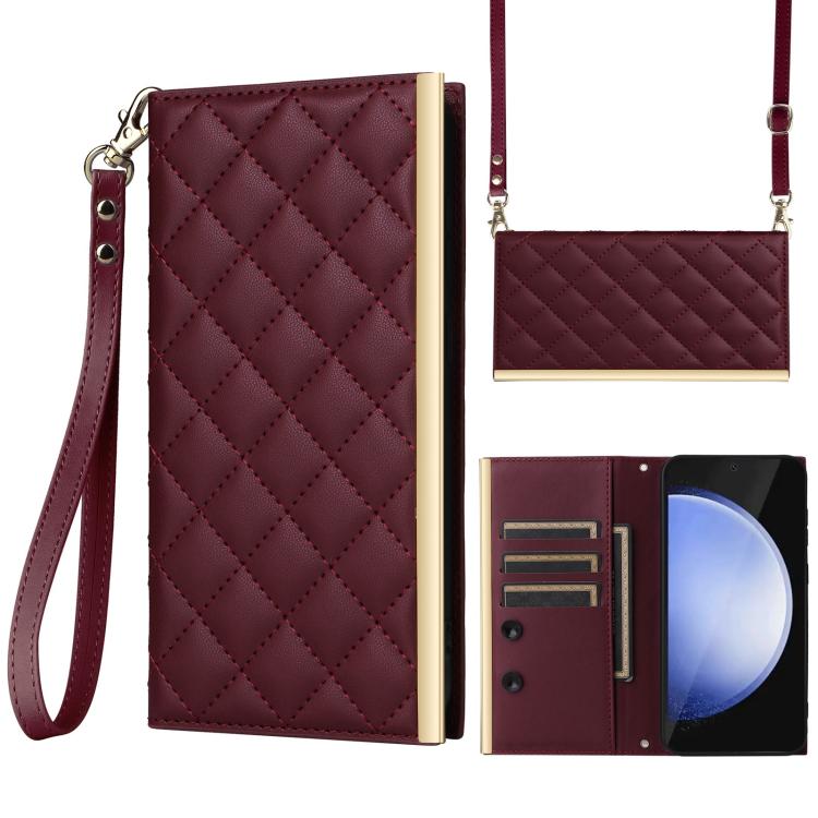 

For Samsung Galaxy S24 FE 5G Crossbody Rhombic Sucker Leather Phone Case(Claret)