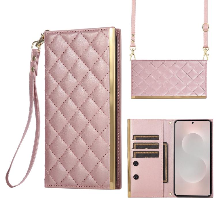 

For Samsung Galaxy S25 Edge 5G Crossbody Rhombic Sucker Leather Phone Case(Rose Gold)