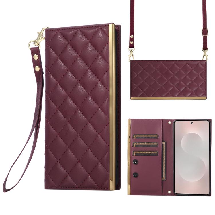 

For Samsung Galaxy S25 Edge 5G Crossbody Rhombic Sucker Leather Phone Case(Claret)
