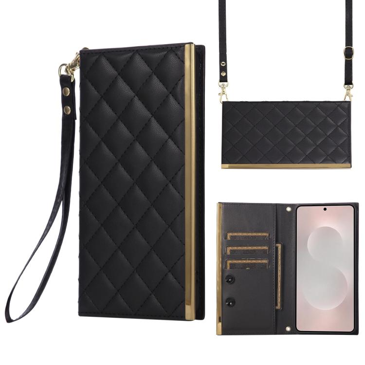 

For Samsung Galaxy S25 Edge 5G Crossbody Rhombic Sucker Leather Phone Case(Black)