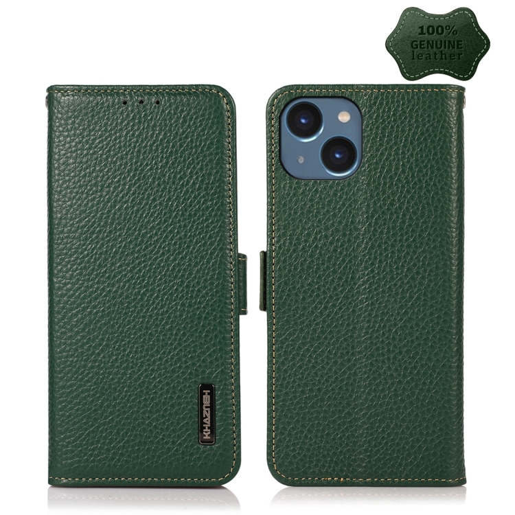 

For iPhone 15 KHAZNEH Side-Magnetic Litchi Genuine Leather RFID Phone Case(Green)