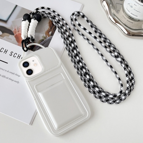 

For iPhone 11 Metallic Paint Skin Feel Full Coverage Shockproof Phone Case with Card Bag + Lanyard(White)