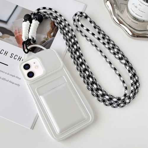 

For iPhone 12 Metallic Paint Skin Feel Full Coverage Shockproof Phone Case with Card Bag + Lanyard(White)