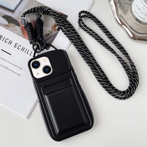 

For iPhone 13 Metallic Paint Skin Feel Full Coverage Shockproof Phone Case with Card Bag + Lanyard(Black)