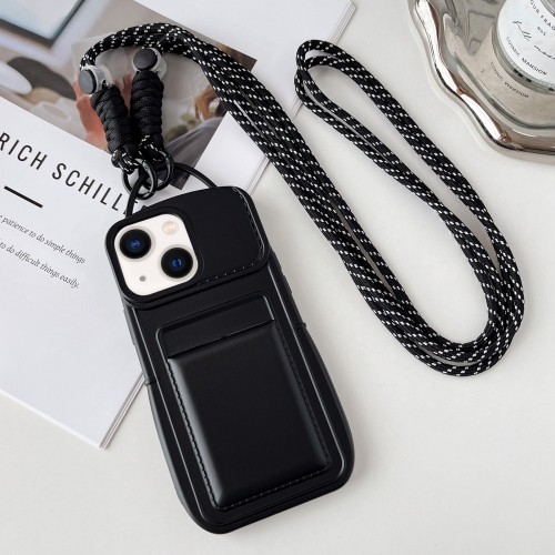 

For iPhone 14 Plus Metallic Paint Skin Feel Full Coverage Shockproof Phone Case with Card Bag + Lanyard(Black)