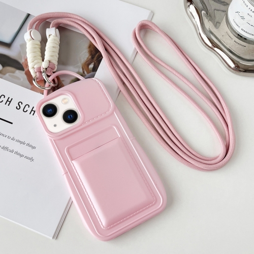 

For iPhone 14 Plus Metallic Paint Skin Feel Full Coverage Shockproof Phone Case with Card Bag + Lanyard(Pink)