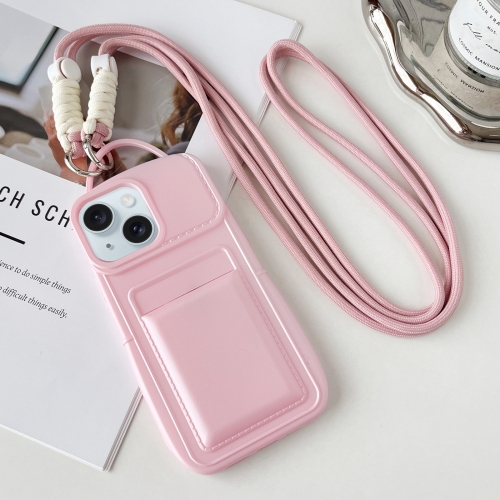 

For iPhone 15 Metallic Paint Skin Feel Full Coverage Shockproof Phone Case with Card Bag + Lanyard(Pink)