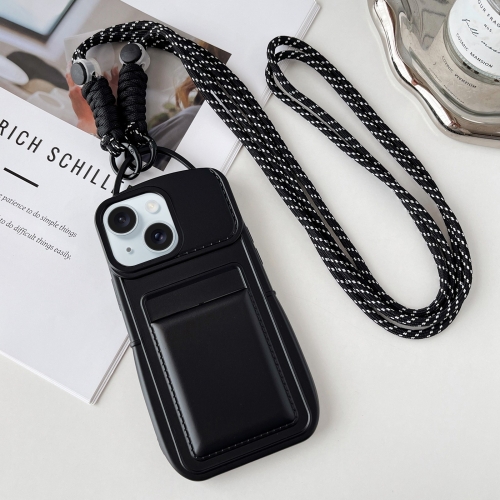 

For iPhone 15 Plus Metallic Paint Skin Feel Full Coverage Shockproof Phone Case with Card Bag + Lanyard(Black)