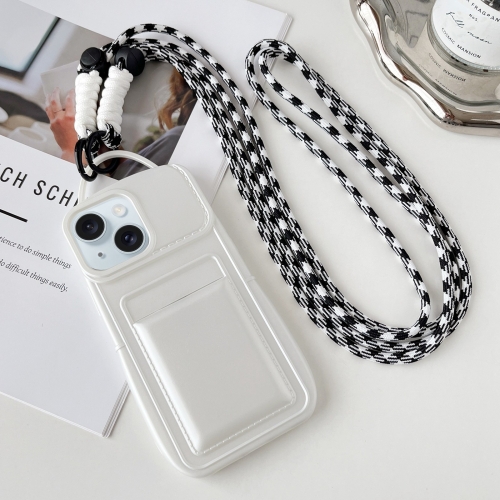 

For iPhone 15 Plus Metallic Paint Skin Feel Full Coverage Shockproof Phone Case with Card Bag + Lanyard(White)