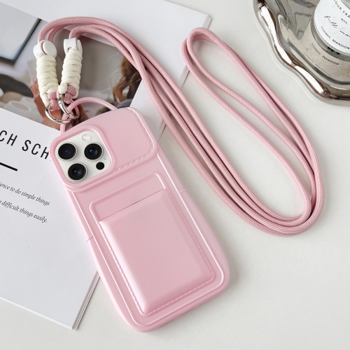 

For iPhone 15 Pro Metallic Paint Skin Feel Full Coverage Shockproof Phone Case with Card Bag + Lanyard(Pink)