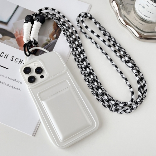 

For iPhone 15 Pro Metallic Paint Skin Feel Full Coverage Shockproof Phone Case with Card Bag + Lanyard(White)