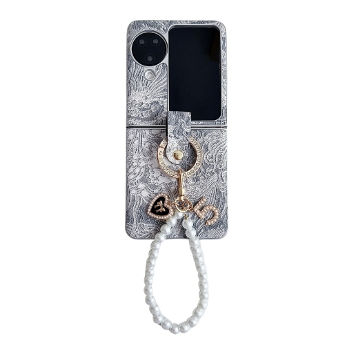 

For OPPO Find N3 Flip Embroidery Style Full Coverage Phone Case with Ring Bead Chain(Grey)