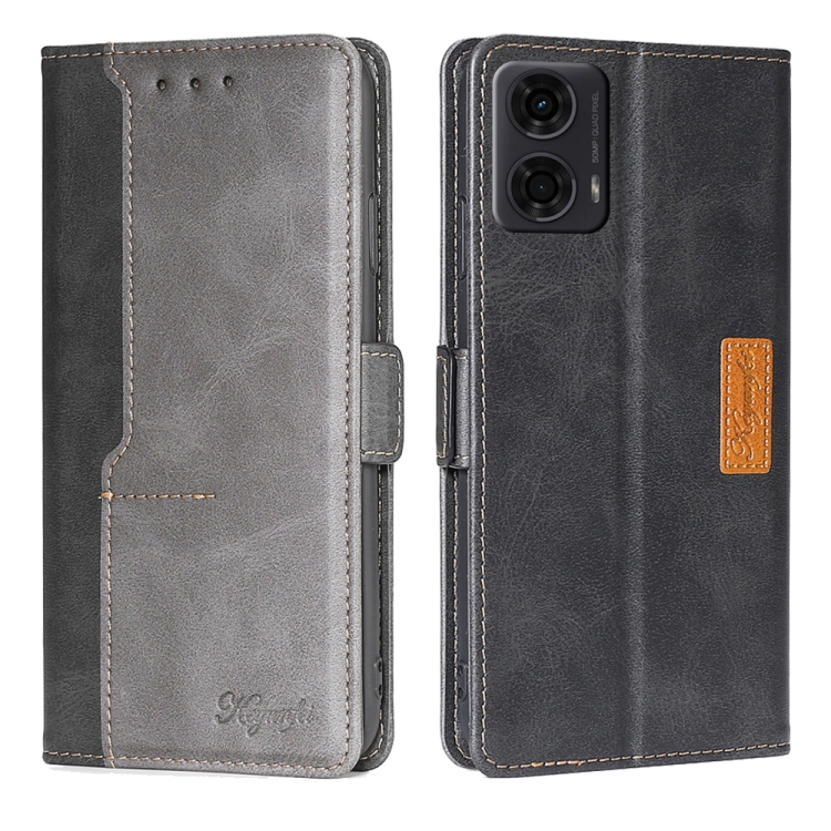 

For Motorola Moto G24 4G Contrast Color Side Buckle Leather Phone Case(Black + Grey)