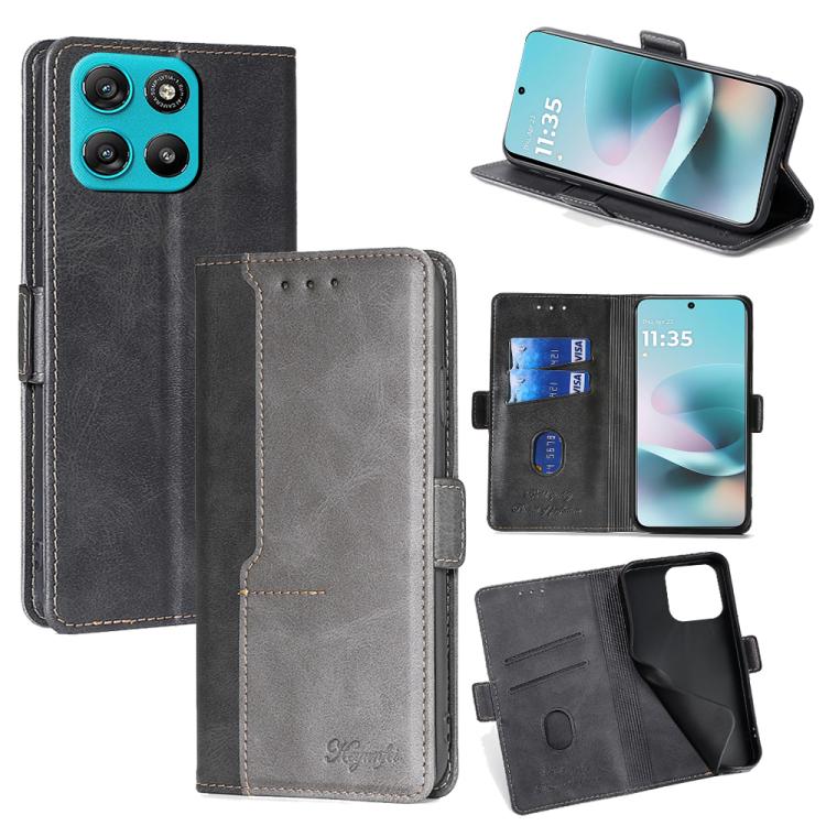 

For Motorola Moto G67 Power 5G Contrast Color Side Buckle Leather Phone Case(Black + Grey)