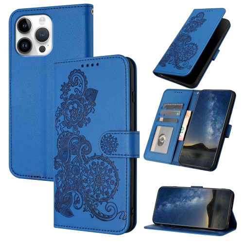 

For iPhone 16 Pro Max Datura Flower Embossed Flip Leather Phone Case(Blue)