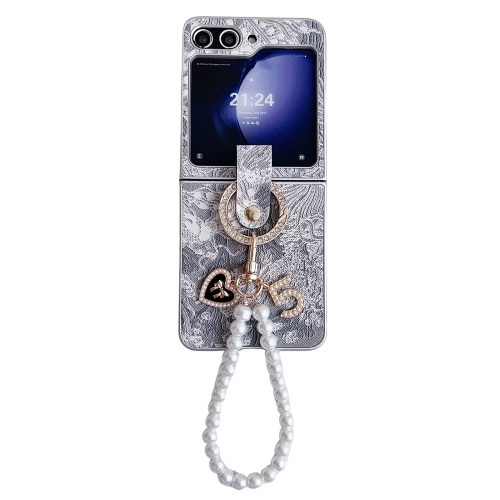 For Samsung Galaxy Z Flip5 Embroidery Style Full Coverage Phone Case with Ring Bead Chain(Grey)