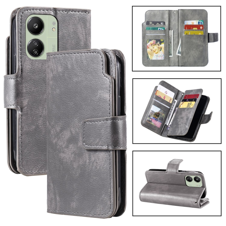 

For Xiaomi Redmi 13C 4G Global Tri-Fold 9-Card Wallets Leather Phone Case(Grey)