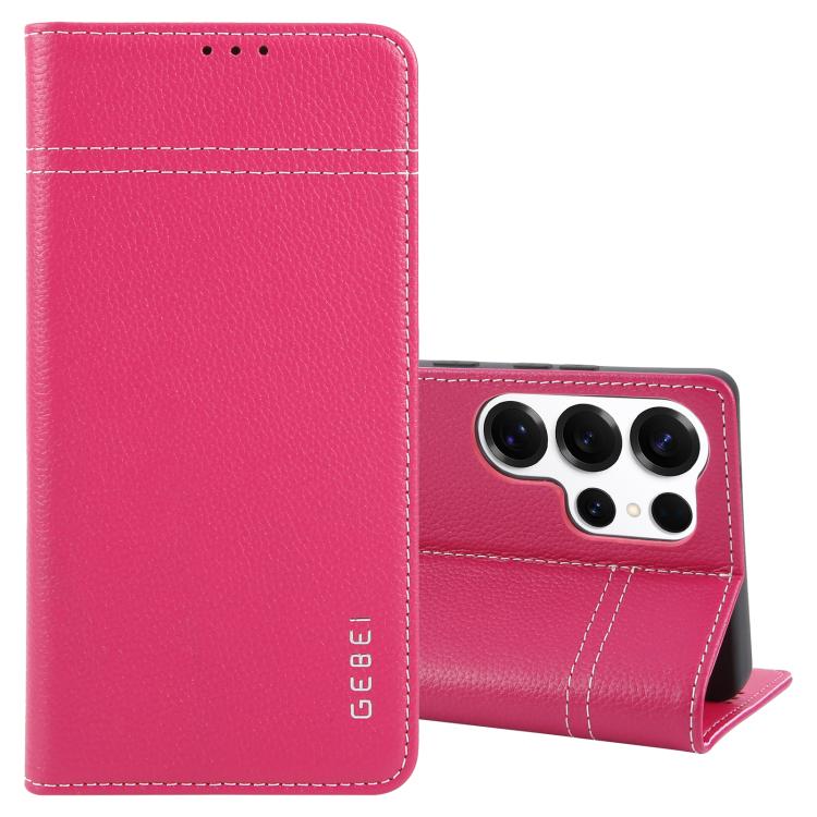 

For Samsung Galaxy S25 Ultra 5G GEBEI Top-grain Horizontal Flip Leather Phone Case(Rose Red)