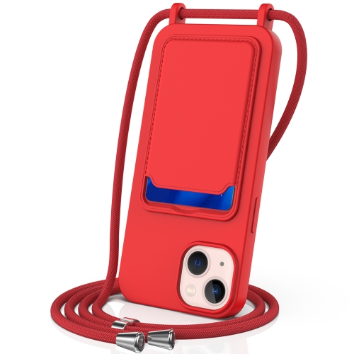 

For iPhone 15 Plus Integrated Card Bag Solid Color Liquid Silicone Phone Case with Lanyard(Red)