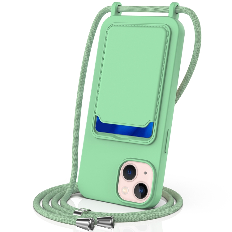 

For iPhone 14 Plus Integrated Card Bag Solid Color Liquid Silicone Phone Case with Lanyard(Green)