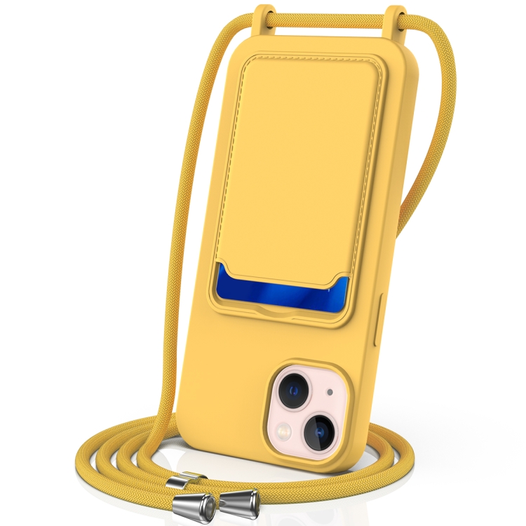 

For iPhone 14 Integrated Card Bag Solid Color Liquid Silicone Phone Case with Lanyard(Yellow)