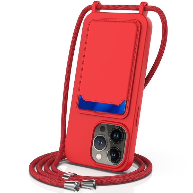 

For iPhone 14 Pro Max Integrated Card Bag Solid Color Liquid Silicone Phone Case with Lanyard(Red)