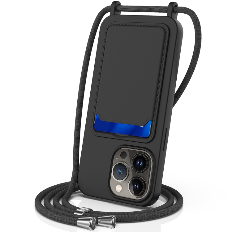 

For iPhone 14 Pro Max Integrated Card Bag Solid Color Liquid Silicone Phone Case with Lanyard(Black)