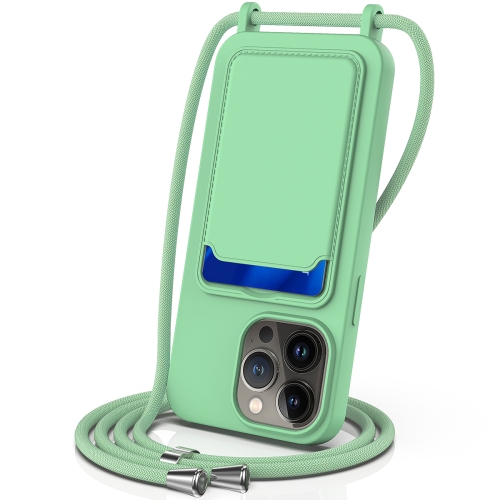 

For iPhone 13 Pro Max Integrated Card Bag Solid Color Liquid Silicone Phone Case with Lanyard(Green)