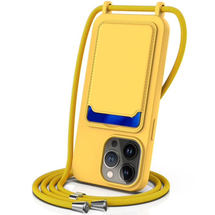 

For iPhone 13 Pro Max Integrated Card Bag Solid Color Liquid Silicone Phone Case with Lanyard(Yellow)