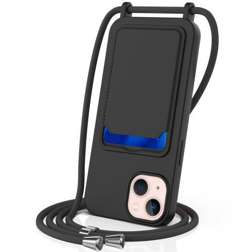 

For iPhone 13 Integrated Card Bag Solid Color Liquid Silicone Phone Case with Lanyard(Black)