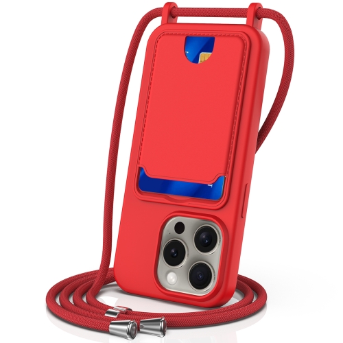 

For iPhone 12 Pro Max Integrated Card Bag Solid Color Liquid Silicone Phone Case with Lanyard(Red)