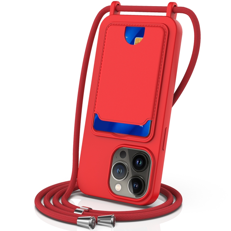 

For iPhone 12 Pro Integrated Card Bag Solid Color Liquid Silicone Phone Case with Lanyard(Red)