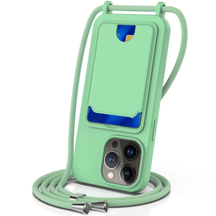 

For iPhone 12 Pro Integrated Card Bag Solid Color Liquid Silicone Phone Case with Lanyard(Green)