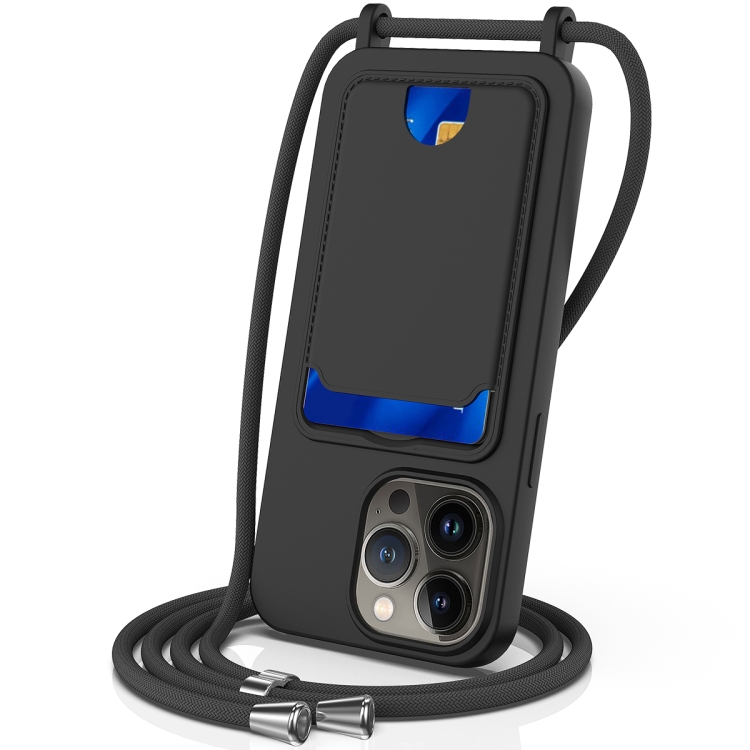 

For iPhone 12 Pro Integrated Card Bag Solid Color Liquid Silicone Phone Case with Lanyard(Black)