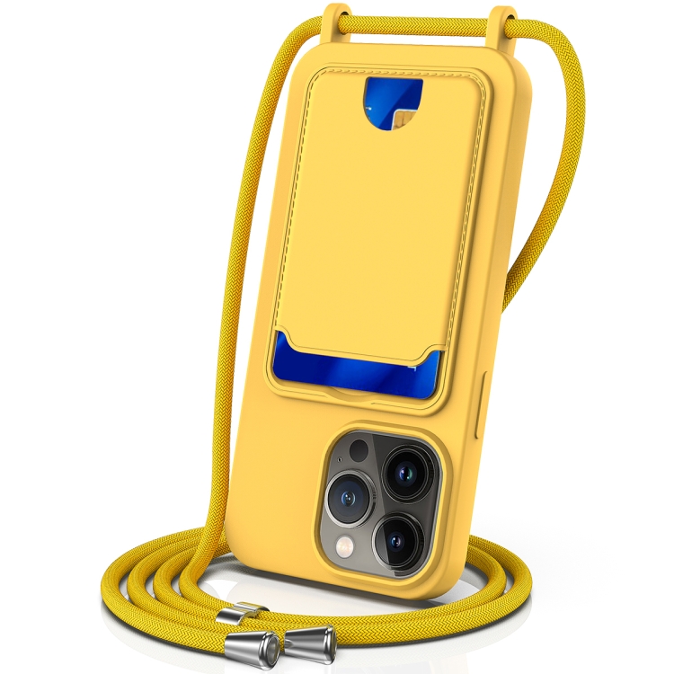 

For iPhone 12 Pro Integrated Card Bag Solid Color Liquid Silicone Phone Case with Lanyard(Yellow)