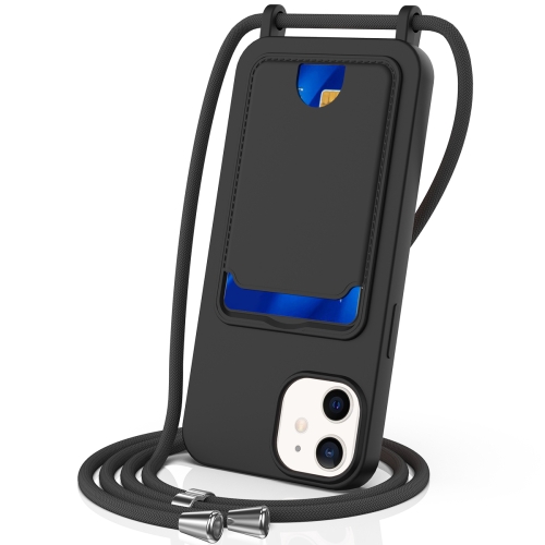 

For iPhone 12 Integrated Card Bag Solid Color Liquid Silicone Phone Case with Lanyard(Black)