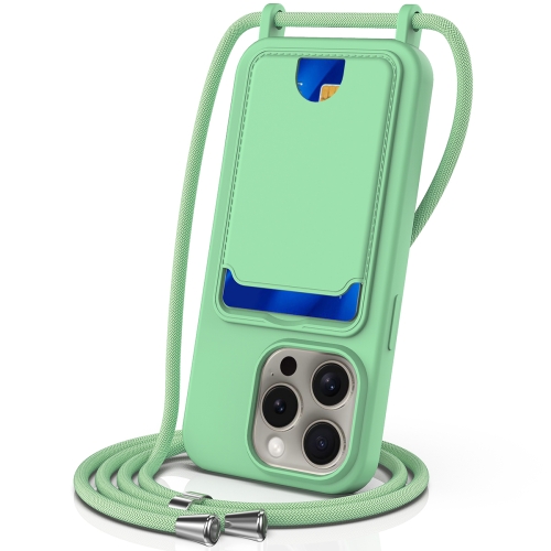 

For iPhone 16 Pro Integrated Card Bag Solid Color Liquid Silicone Phone Case with Lanyard(Green)